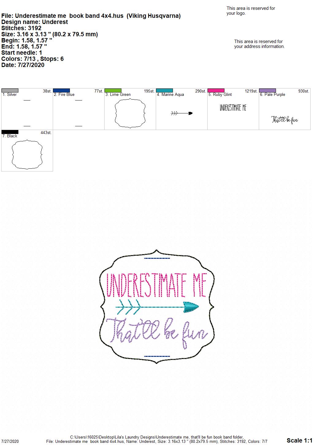 Underestimate me, that'll be fun book Band - Digital Embroidery Design