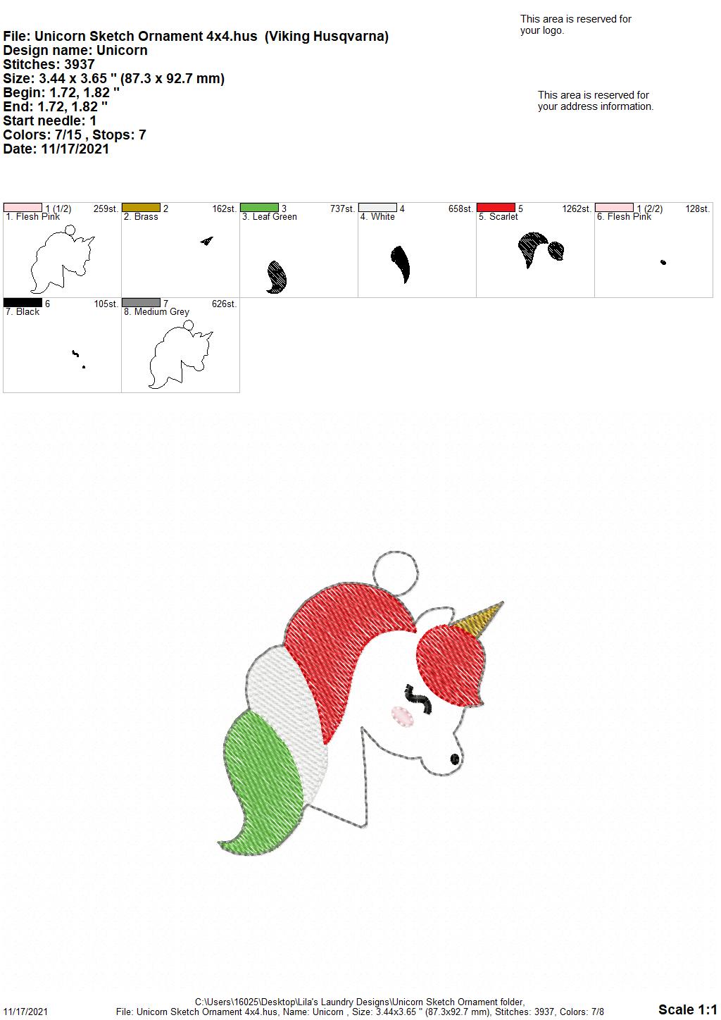 Unicorn Sketch Ornament - Digital Embroidery Design