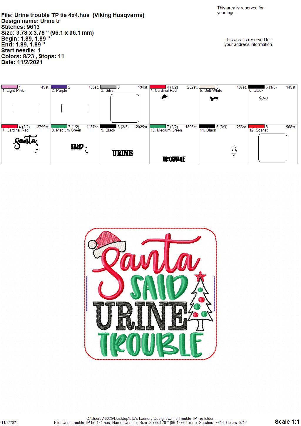 Urine Trouble - TP tie 4x4 - DIGITAL Embroidery DESIGN