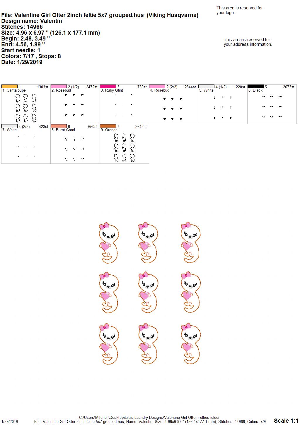 Valentine Girl Otter Felties - 3 sizes- Digital Embroidery Design