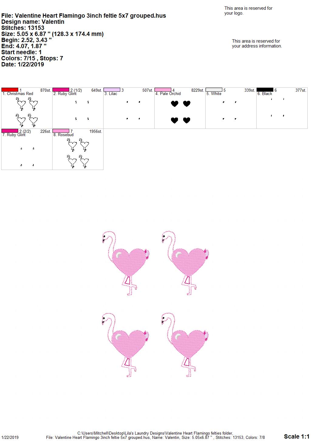 Valentine Flamingo Felties - 3 sizes- Digital Embroidery Design