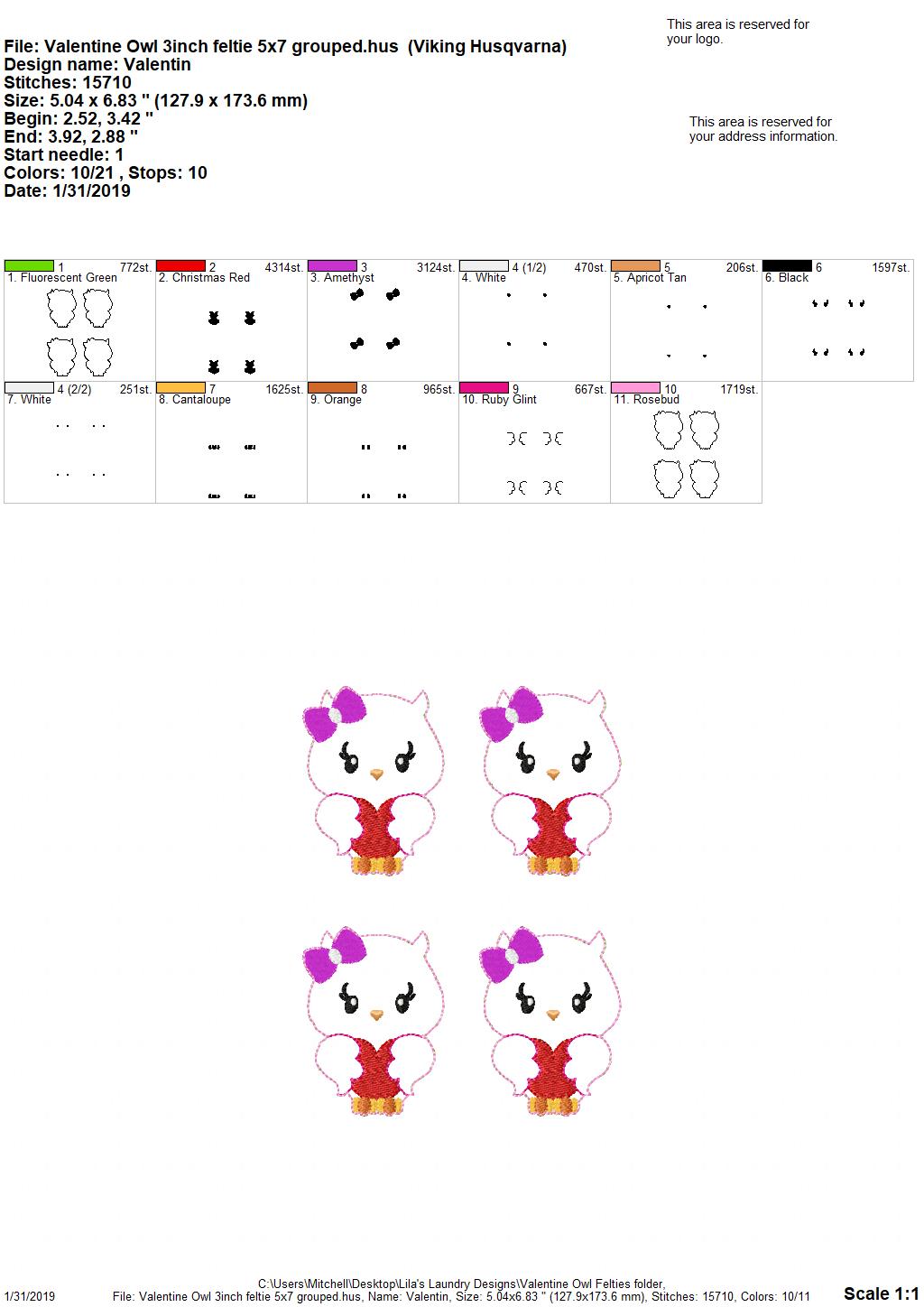 Valentine Owl Felties - 3 sizes- Digital Embroidery Design