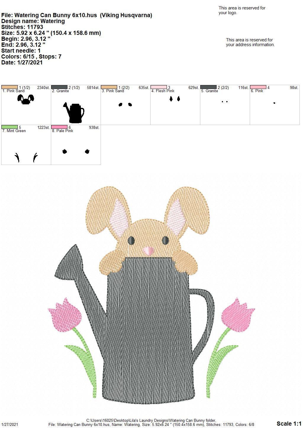 Watering Can Bunny - 4 sizes- Digital Embroidery Design