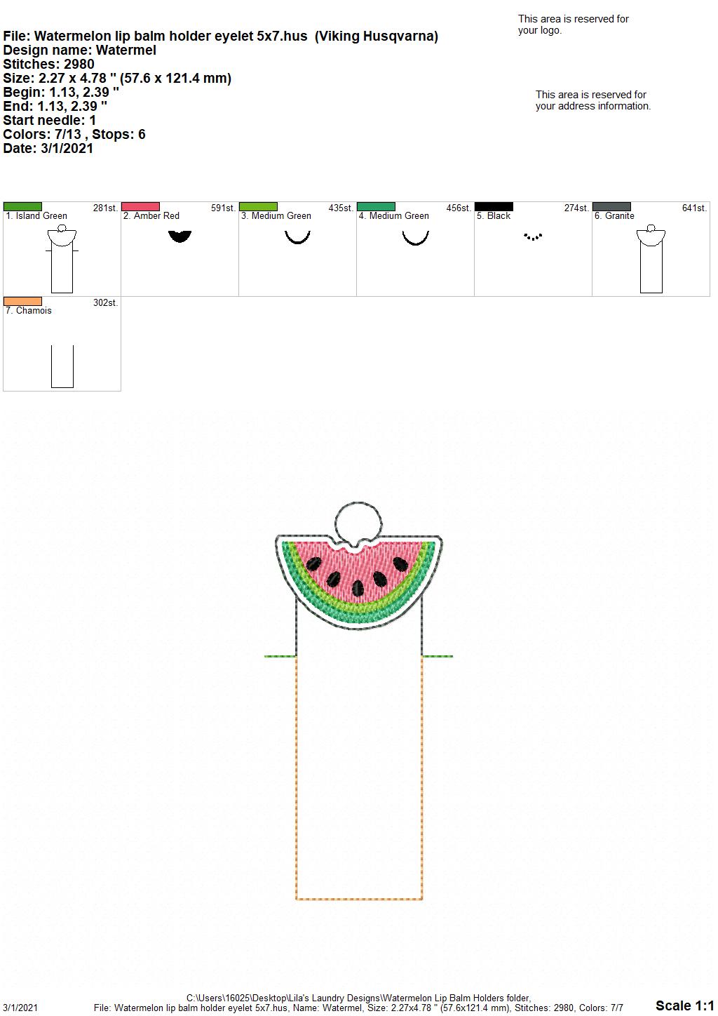 Watermelon Lip Balm Holders 5x7 - DIGITAL Embroidery DESIGN\