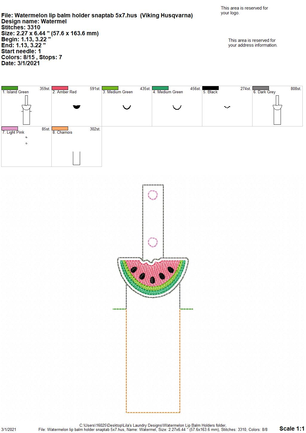 Watermelon Lip Balm Holders 5x7 - DIGITAL Embroidery DESIGN\