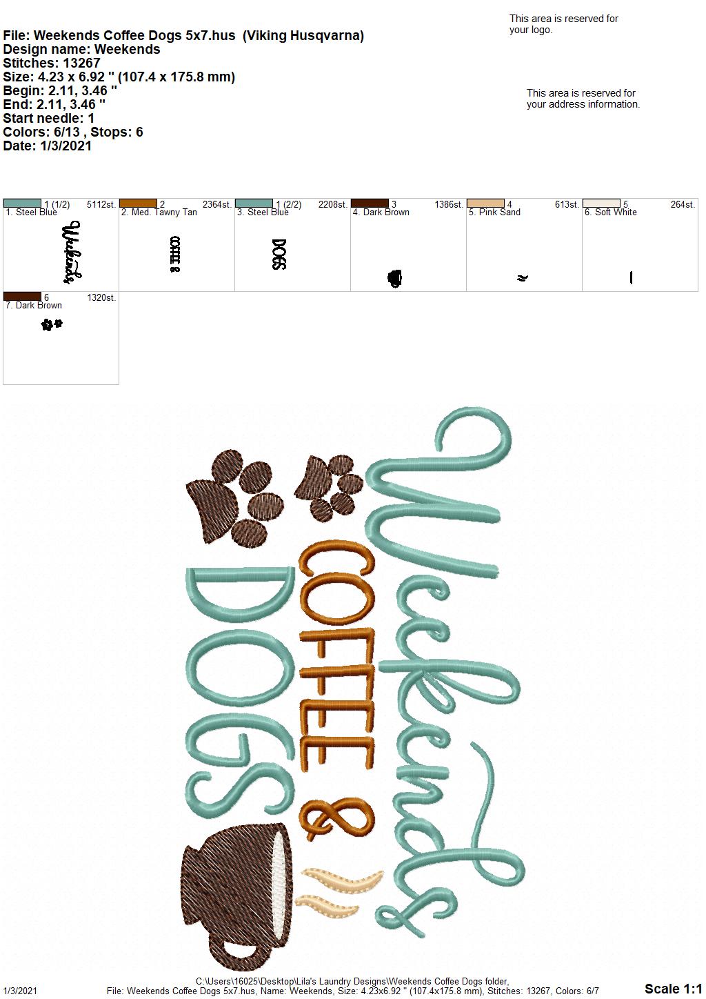 Weekends Coffee Dogs - 2 sizes- Digital Embroidery Design