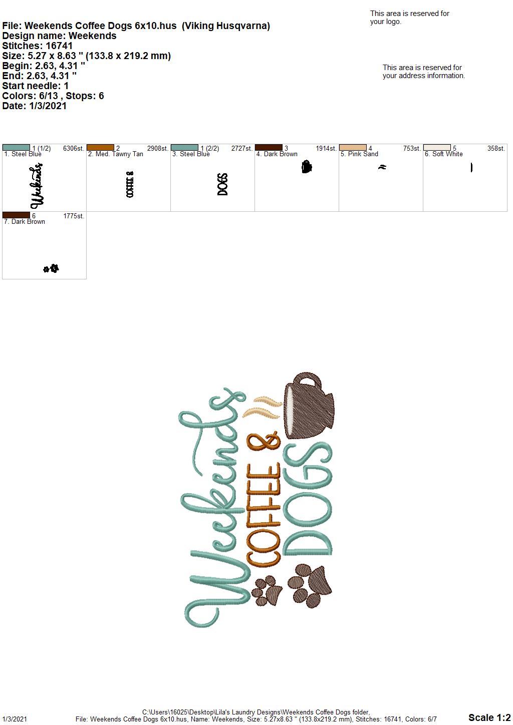 Weekends Coffee Dogs - 2 sizes- Digital Embroidery Design