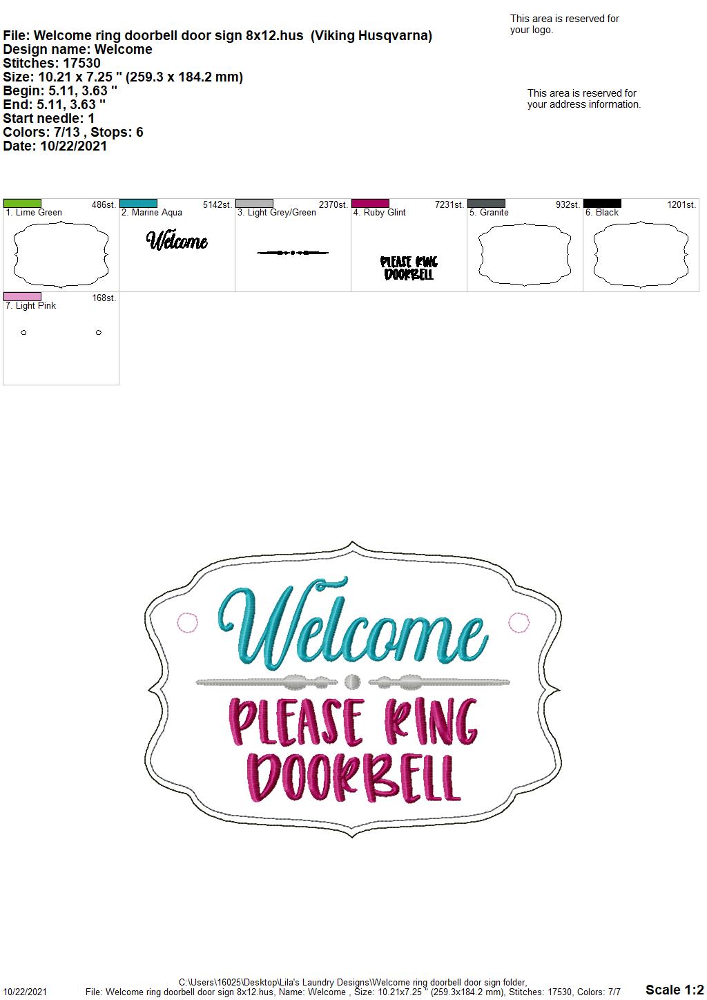 Welcome Ring Doorbell Door Sign - 3 sizes - Digital Embroidery Design
