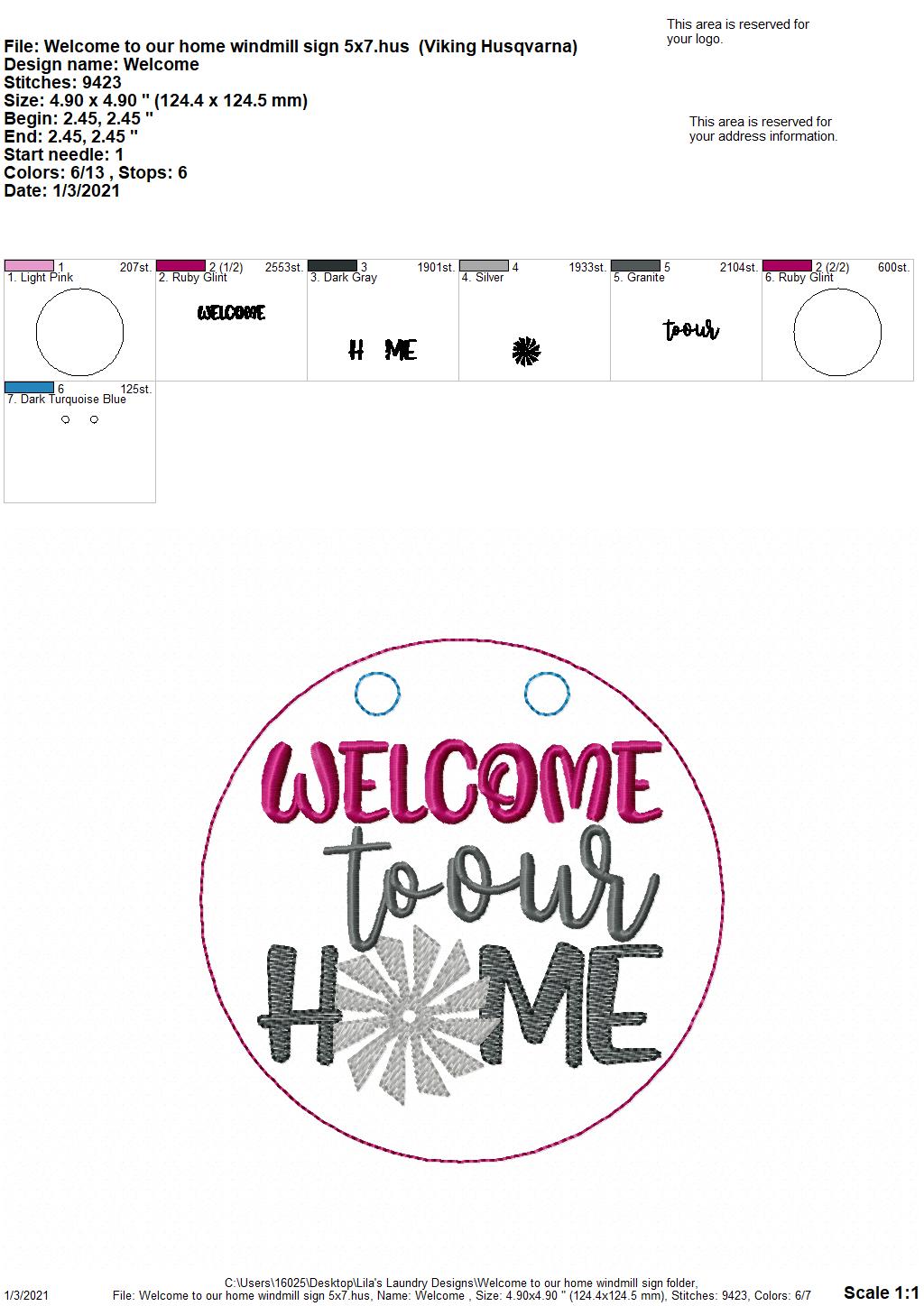 Welcome to our Home Windmill Door Hanger - 3 sizes - Digital Embroidery Design