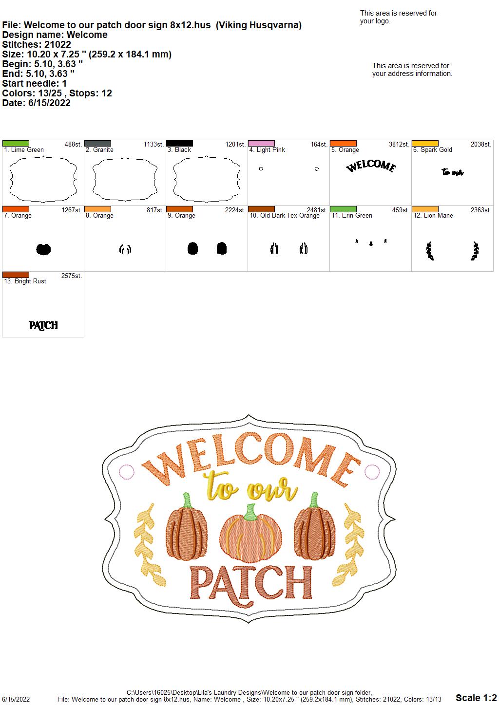 Welcome to our Patch Door Sign - 3 sizes - Digital Embroidery Design