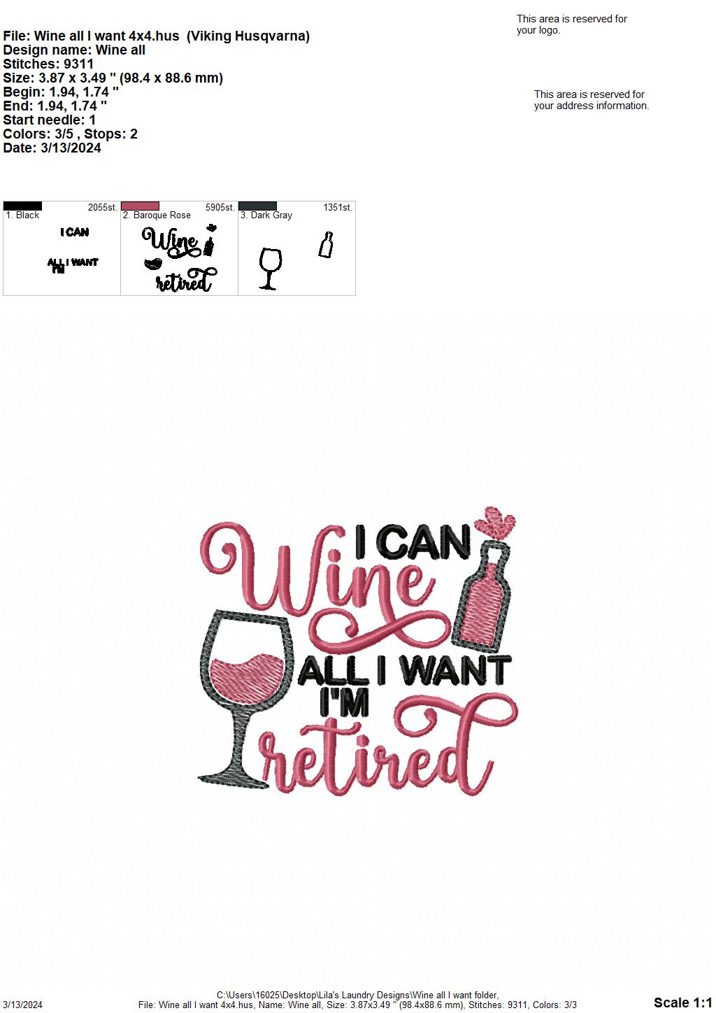 Wine All I Want - 4 Sizes - Digital Embroidery Design