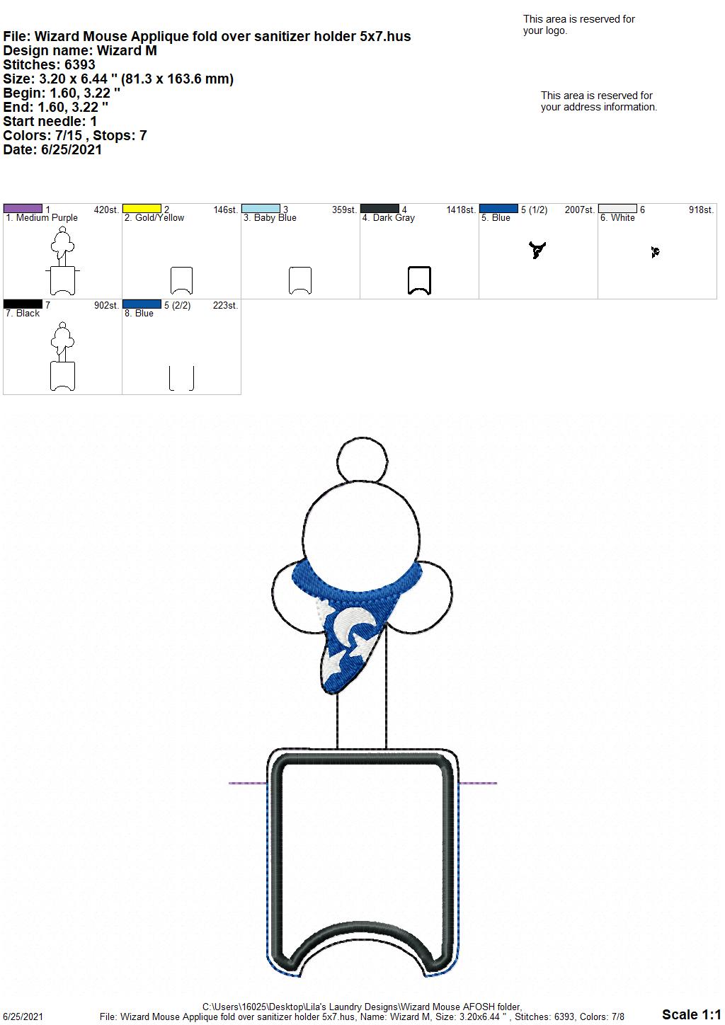 Wizard Mouse Applique Fold Over Sanitizer Holder 5x7- DIGITAL Embroidery DESIGN