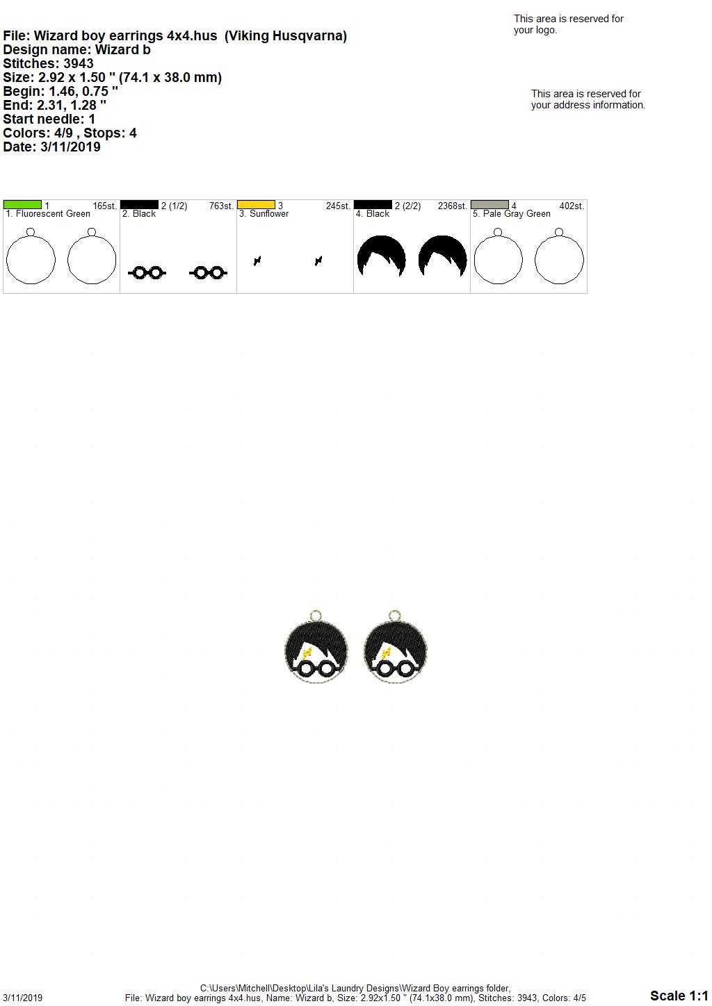 Wizard Boy Earrings - Digital Embroidery Design
