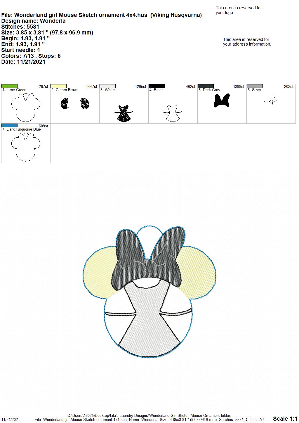 Wonderland Girl Mouse Sketch Ornament - Digital Embroidery Design