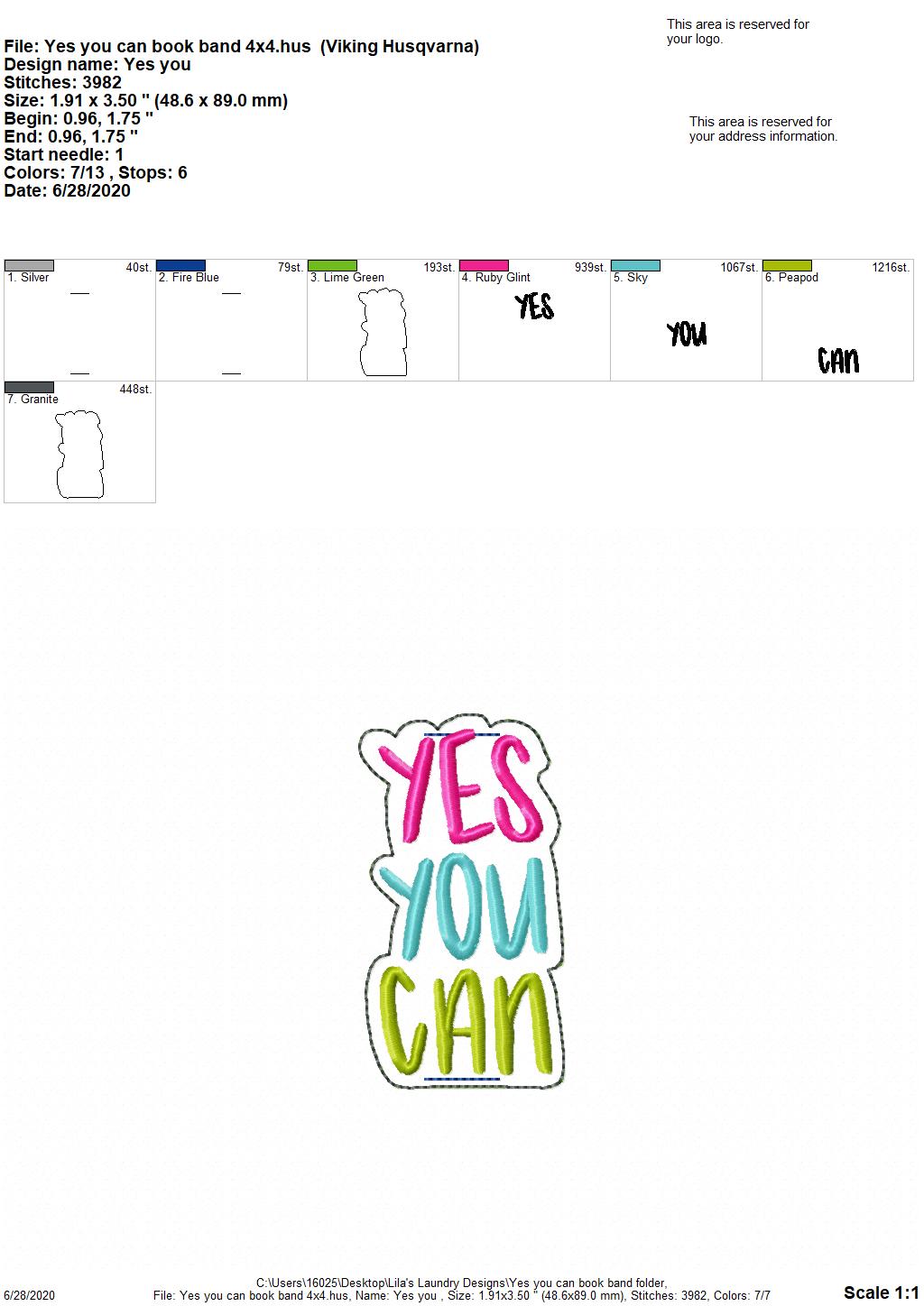 Yes You Can Book Band - Digital Embroidery Design