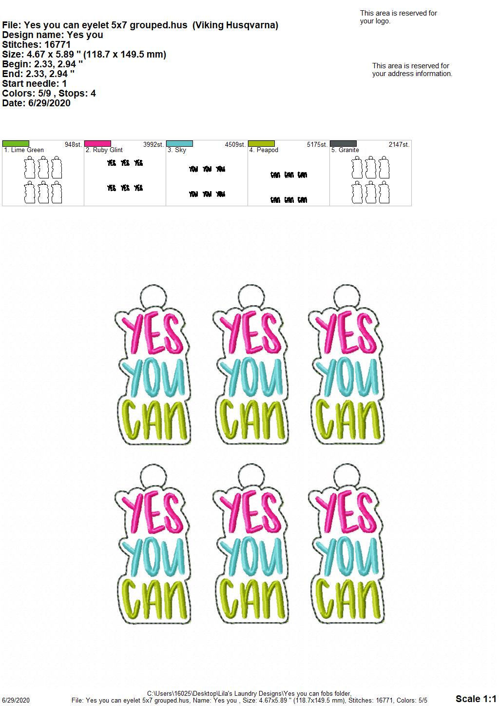 Yes you can Fobs - DIGITAL Embroidery DESIGN