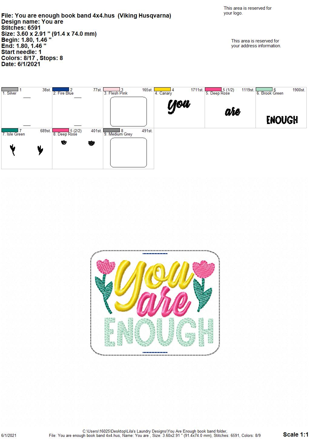 You Are Enough Book Band - Embroidery Design, Digital File