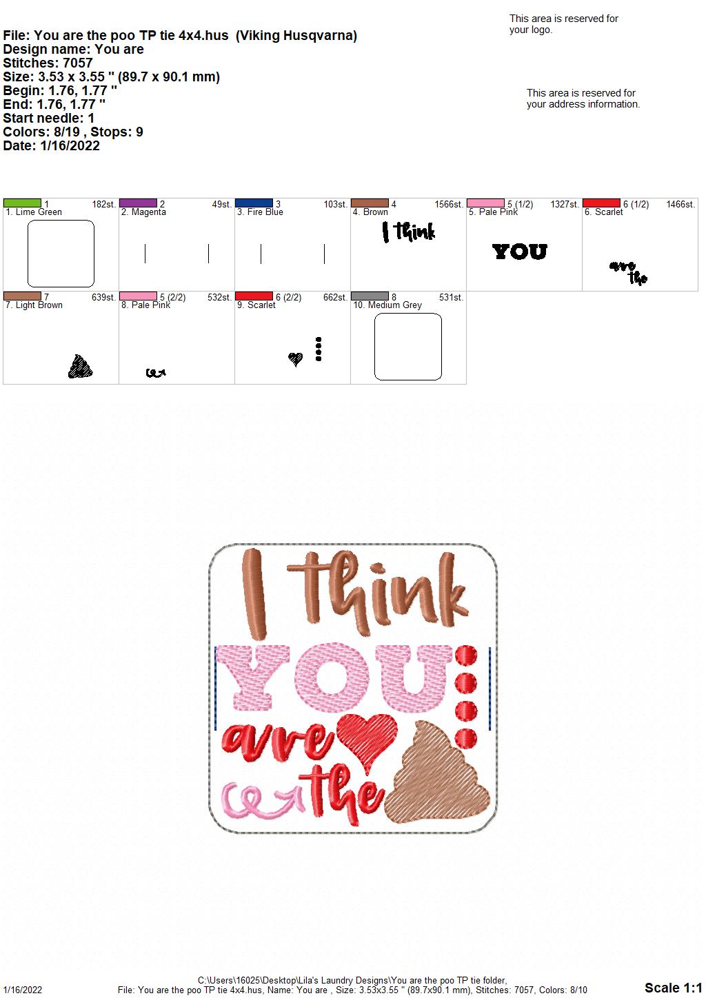 I think you are the poo - TP tie 4x4 - DIGITAL Embroidery DESIGN