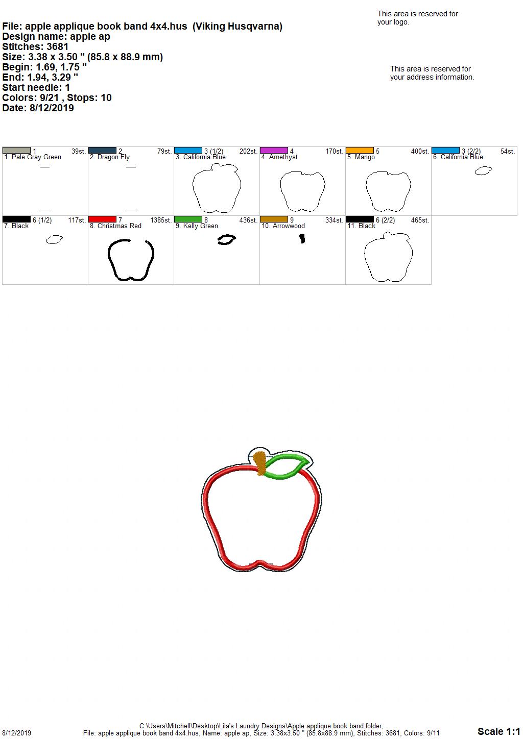 Apple Applique - Book Band - Digital Embroidery Design