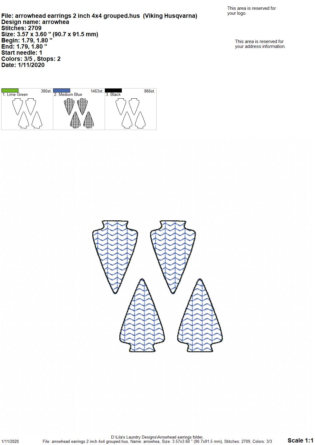 Arrowhead Earrings - 3 sizes - Digital Embroidery Design