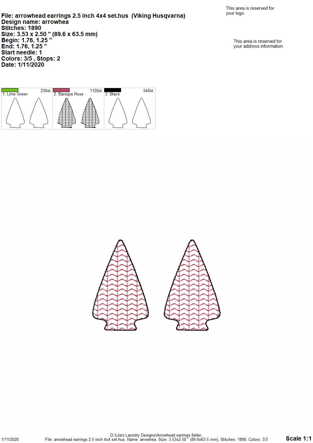 Arrowhead Earrings - 3 sizes - Digital Embroidery Design