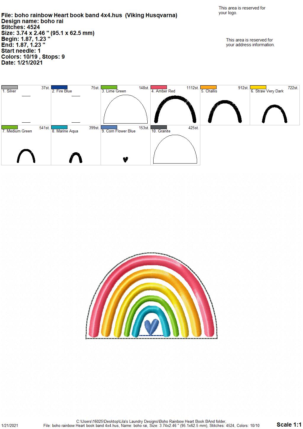 Boho Rainbow Heart Book Band - Embroidery Design, Digital File