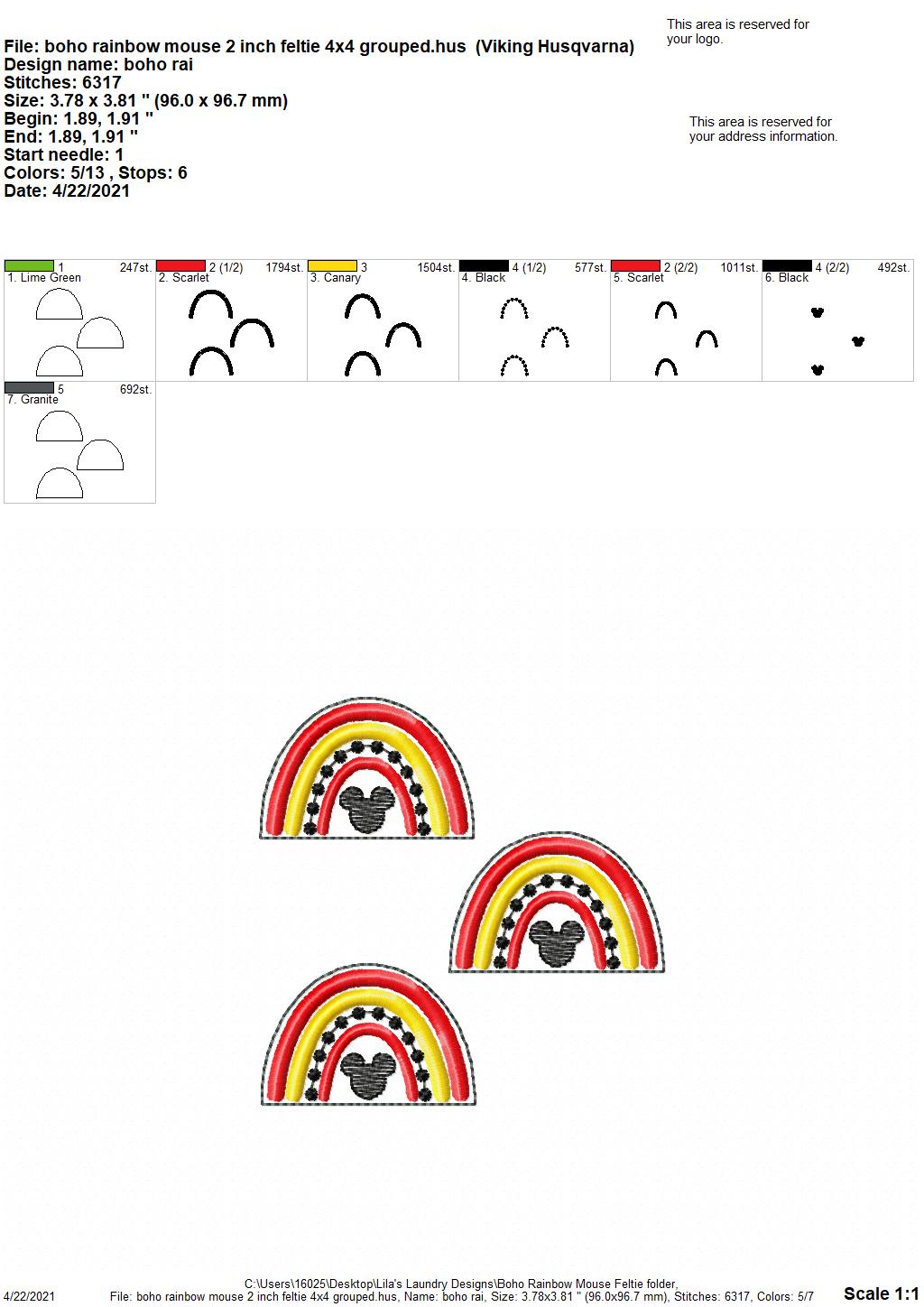 Boho Rainbow Mouse 2" Feltie - Digital Embroidery Design