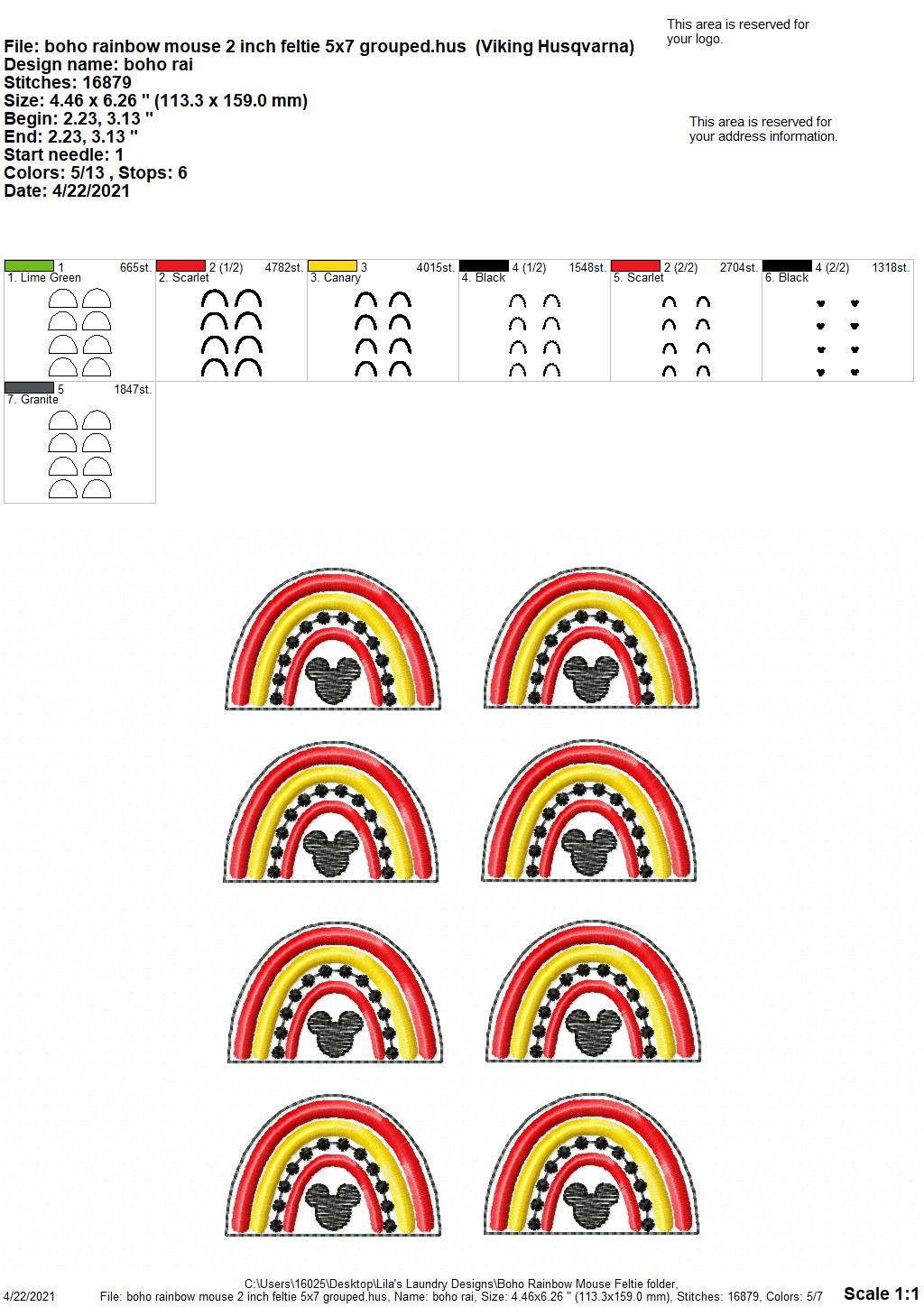 Boho Rainbow Mouse 2" Feltie - Digital Embroidery Design