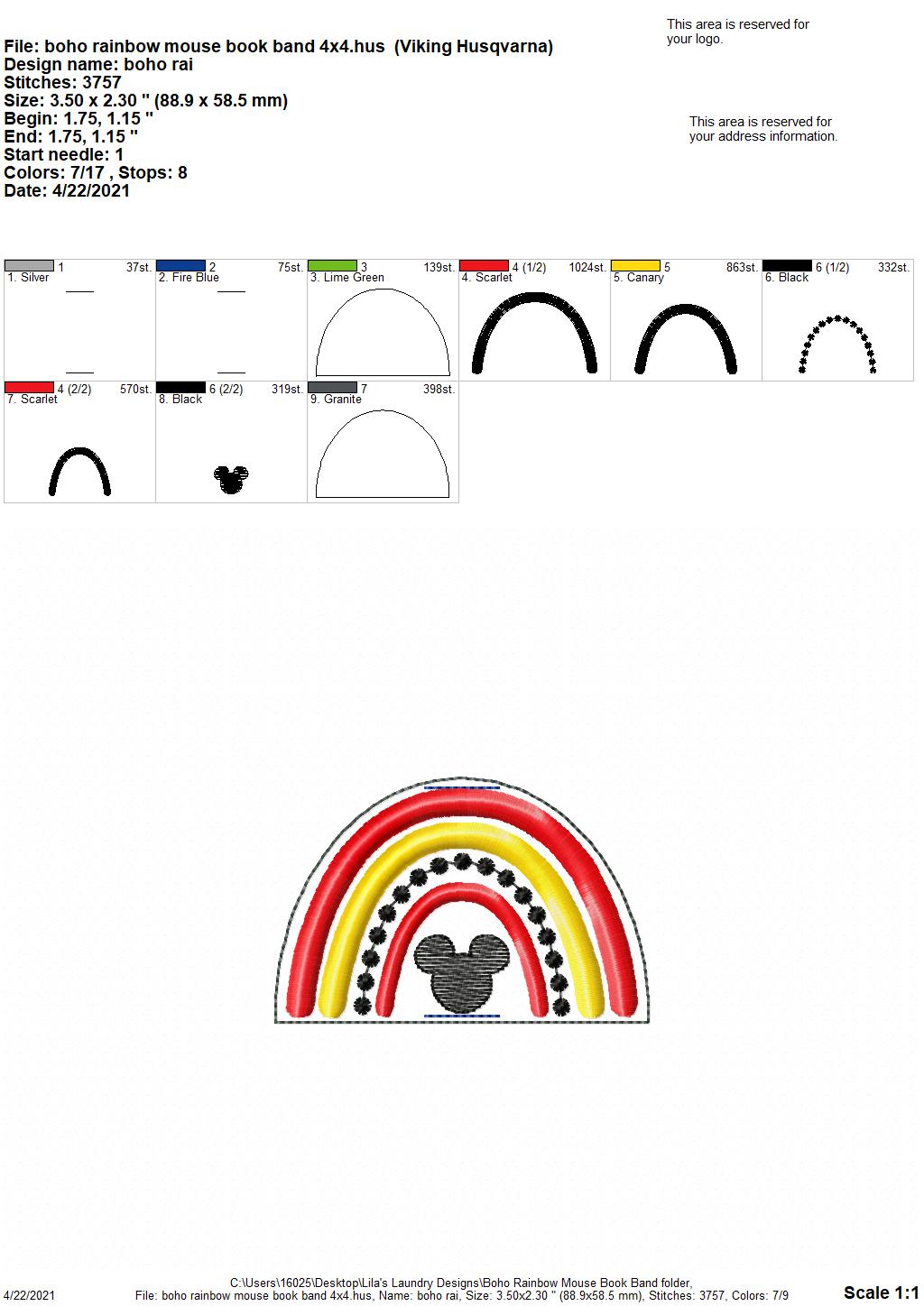 Boho Rainbow Mouse Book Band - Embroidery Design, Digital File