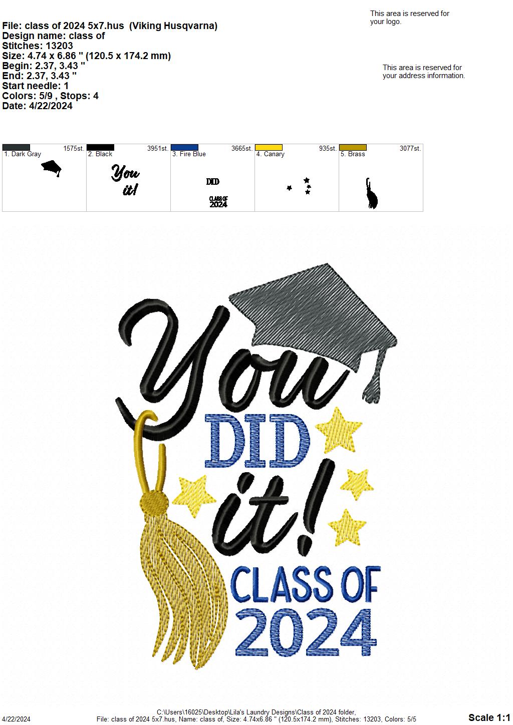Class of 2024 - 4 Sizes - Digital Embroidery Design