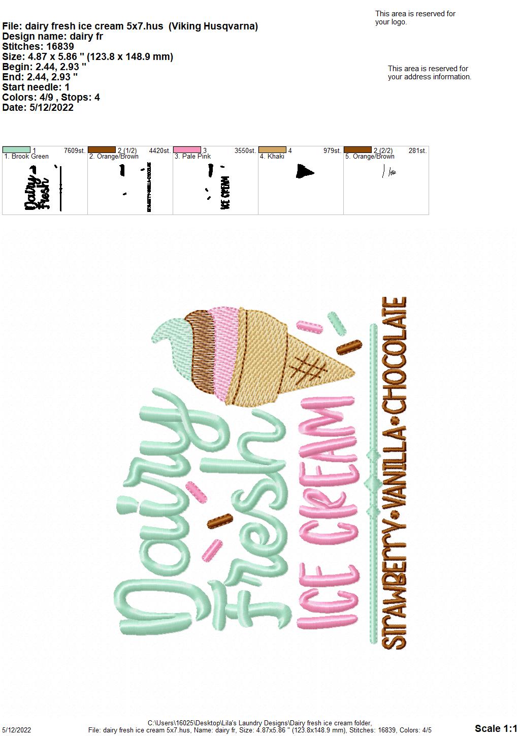 Dairy Fresh Ice Cream - 3 sizes- Digital Embroidery Design