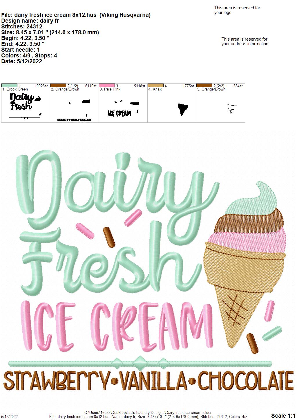 Dairy Fresh Ice Cream - 3 sizes- Digital Embroidery Design