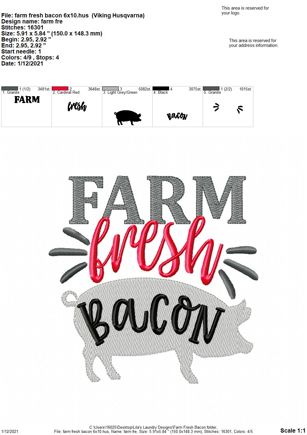 Farm Fresh Bacon - 2 sizes- Digital Embroidery Design