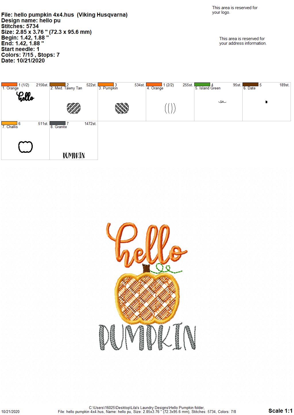 Hello Pumpkin - 2 Sizes - Digital Embroidery Design