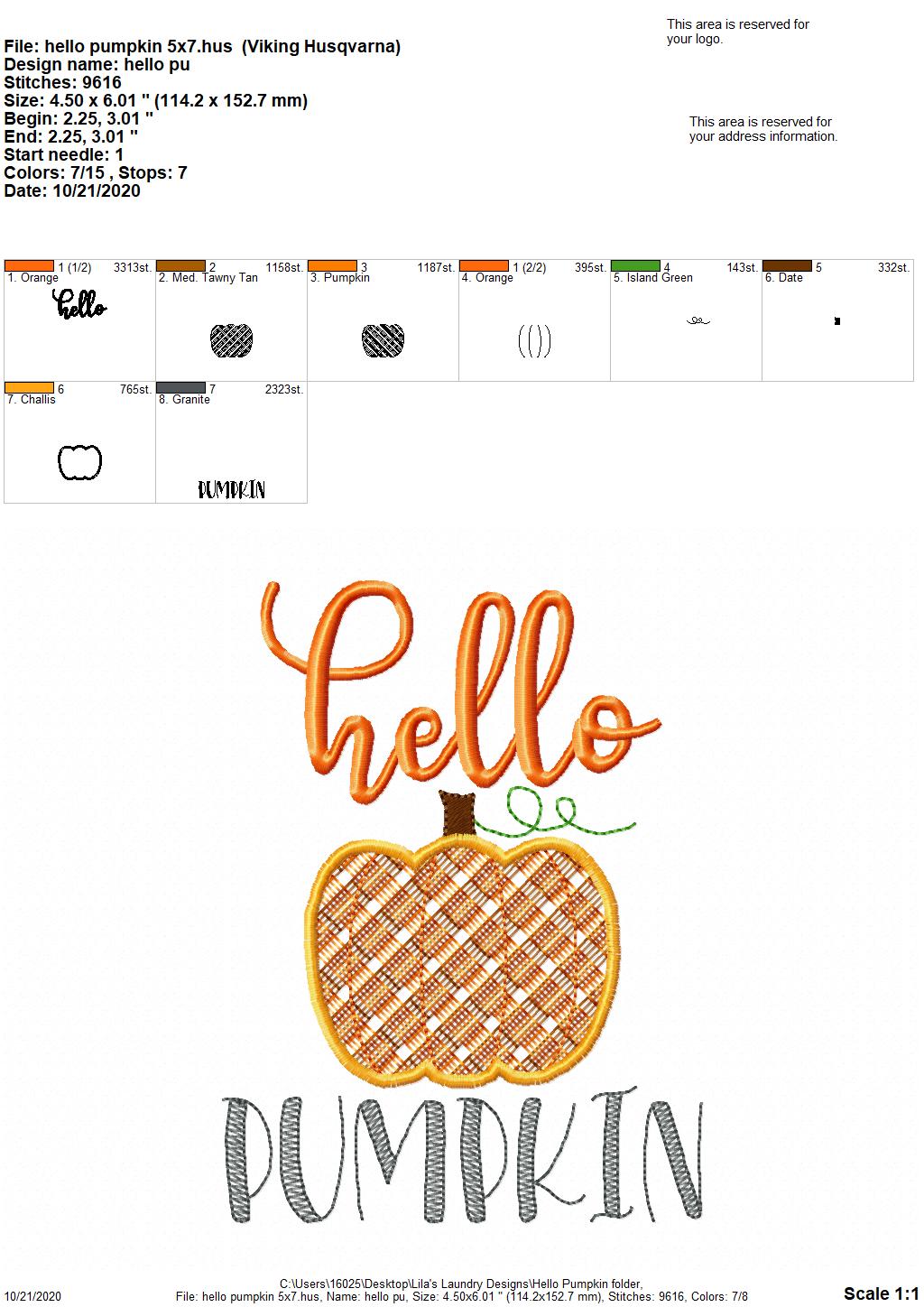 Hello Pumpkin - 2 Sizes - Digital Embroidery Design