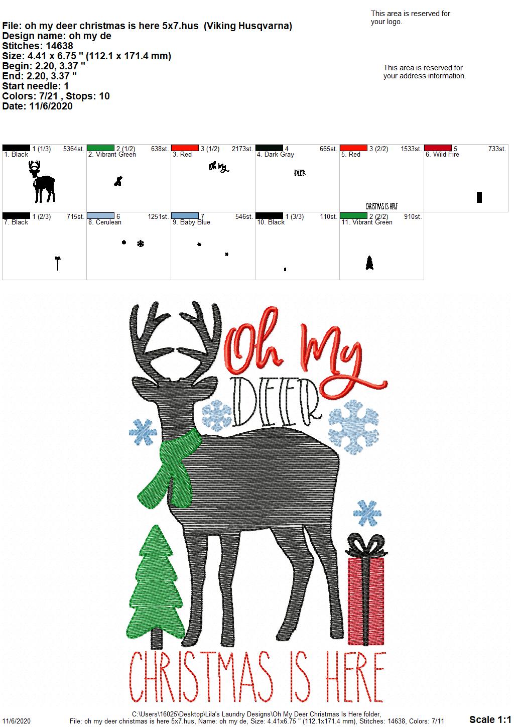Oh My Deer Christmas Is Here - 2 Sizes - Digital Embroidery Design