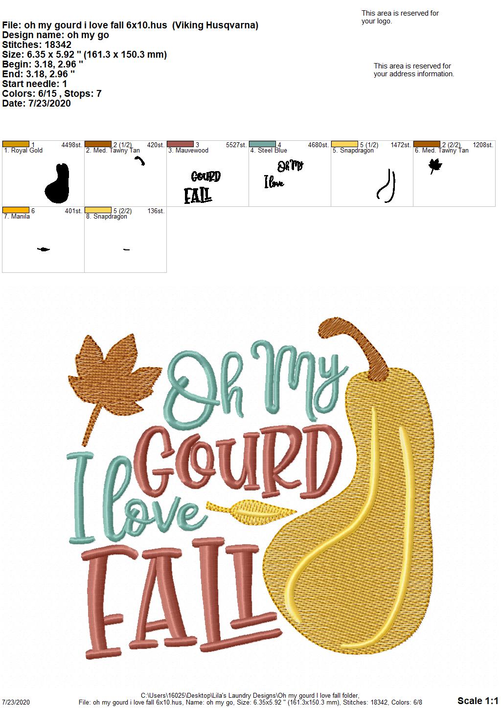 Oh My Gourd I love Fall - 2 Sizes - Digital Embroidery Design