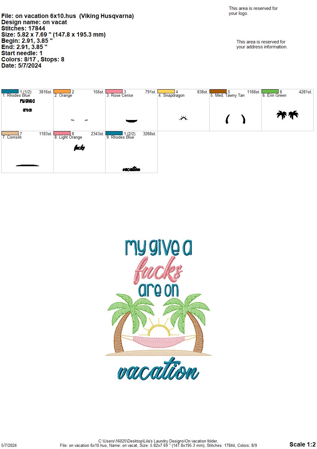 On Vacation - 3 Sizes - Digital Embroidery Design