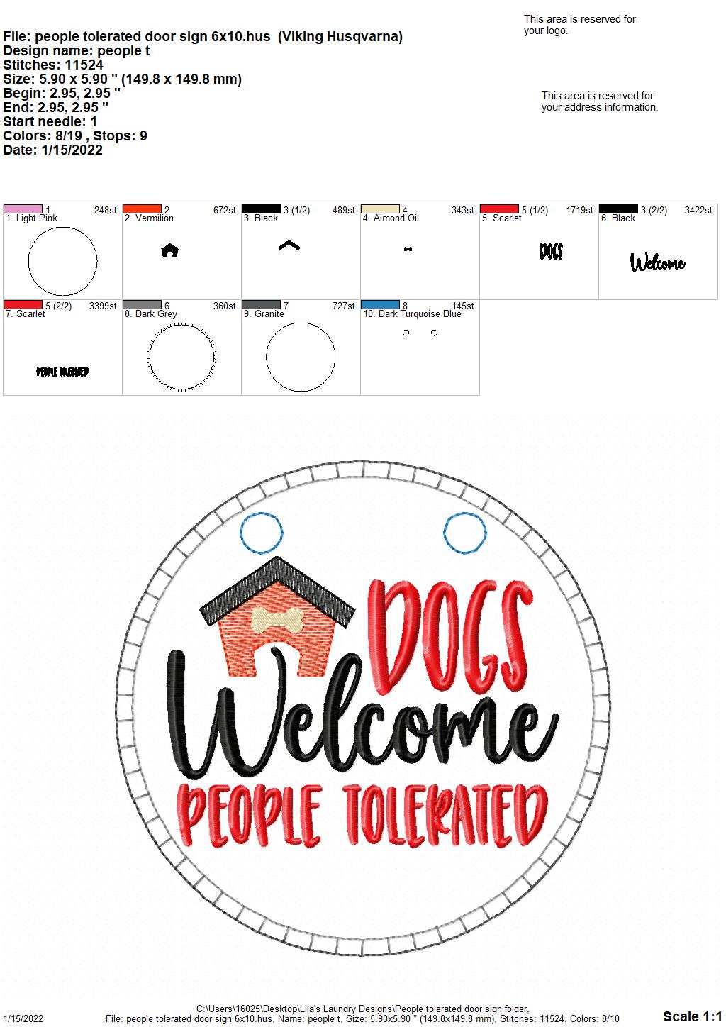 People Tolerated Door Sign - 3 sizes - Digital Embroidery Design