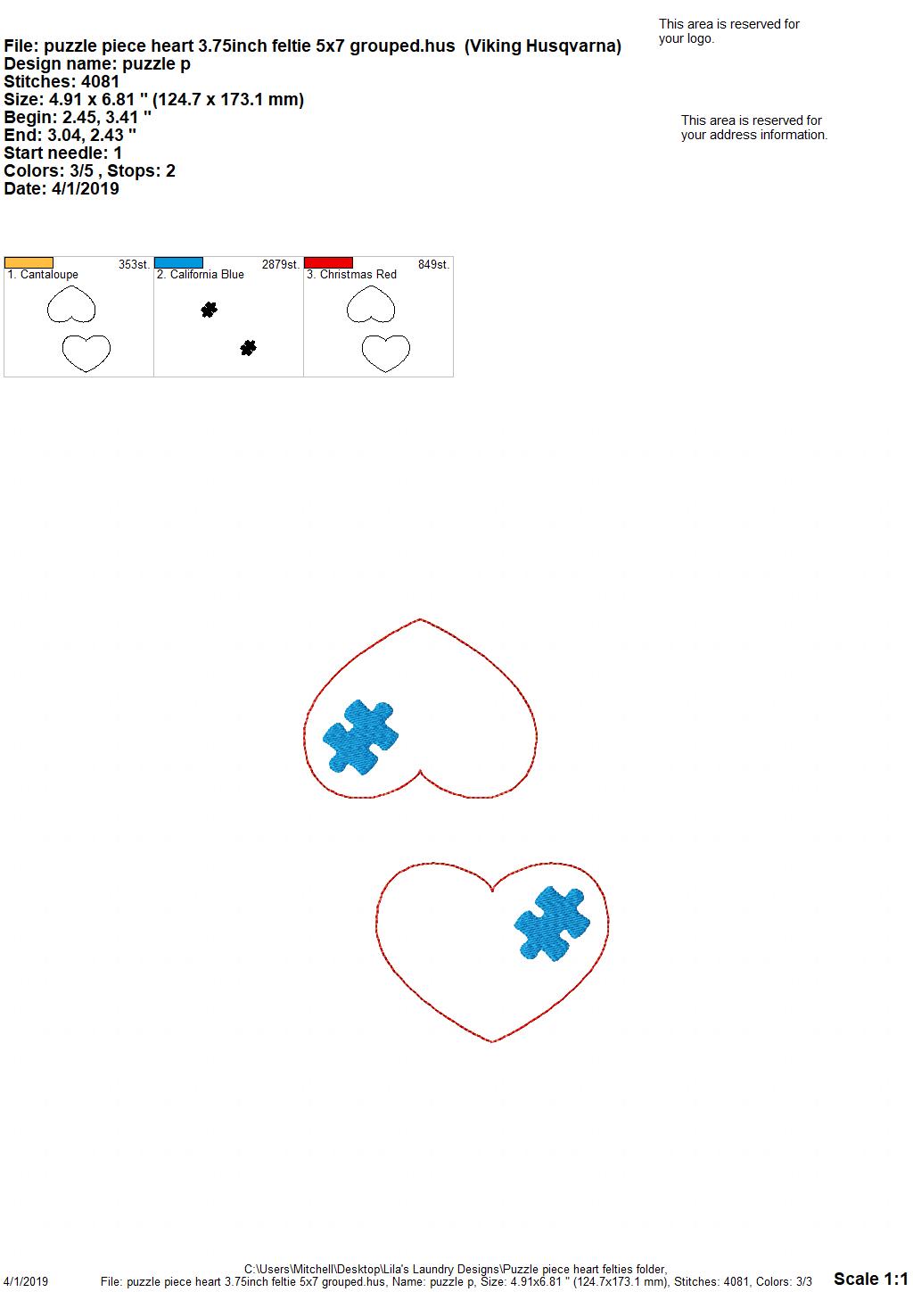 Puzzle Piece Heart Felties - 3 sizes- Digital Embroidery Design