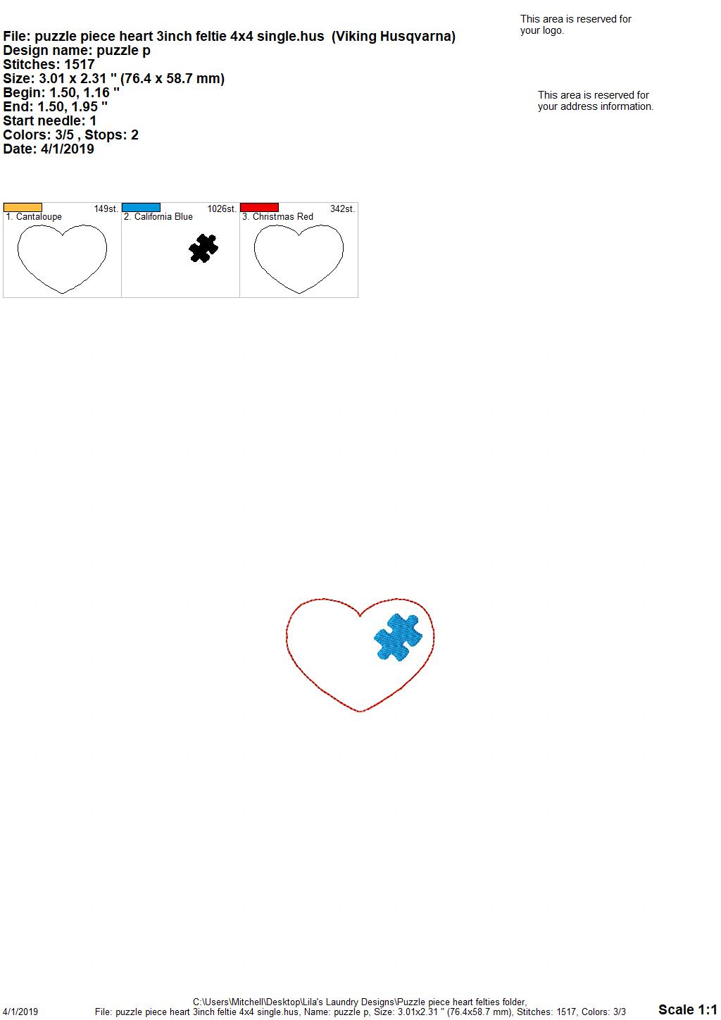 Puzzle Piece Heart Felties - 3 sizes- Digital Embroidery Design