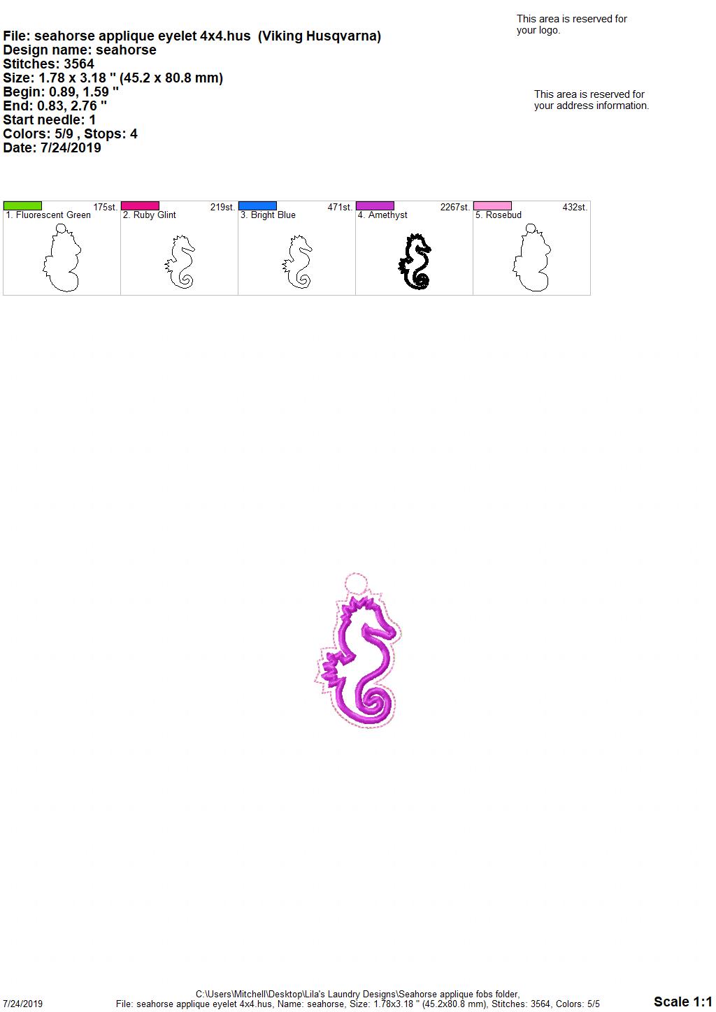 Seahorse Applique Fobs - DIGITAL Embroidery DESIGN