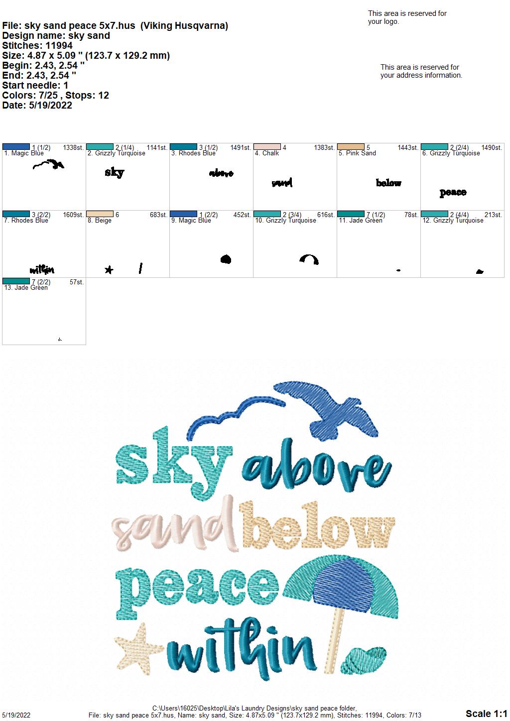 Sky Sand Peace - 3 sizes- Digital Embroidery Design