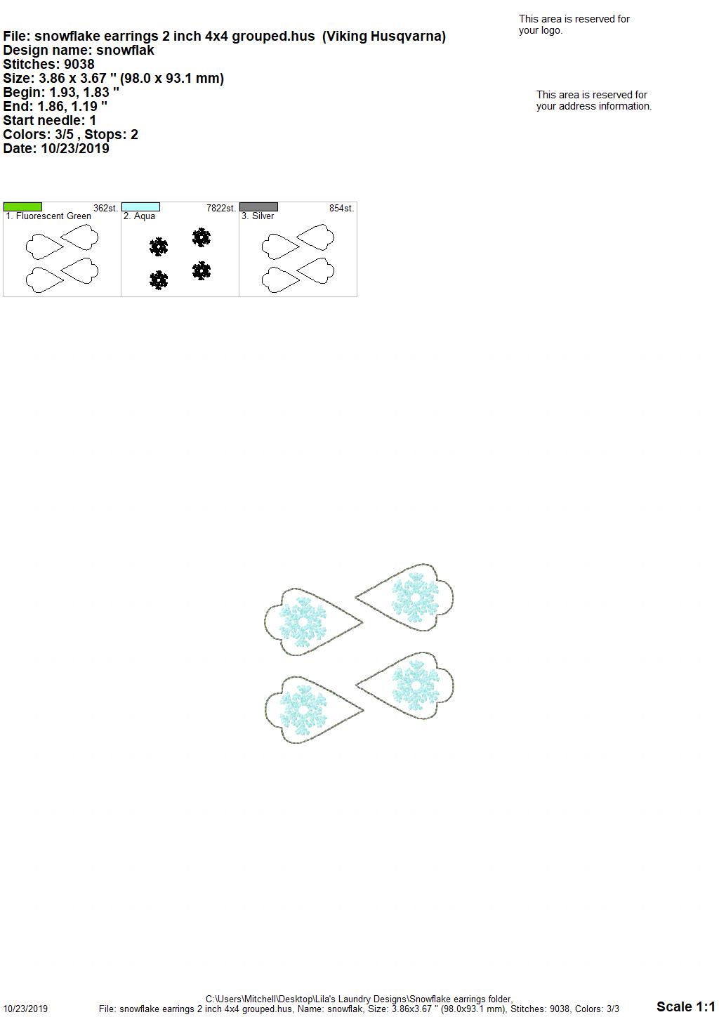 Snowflake Earrings - 3 sizes - Digital Embroidery Design