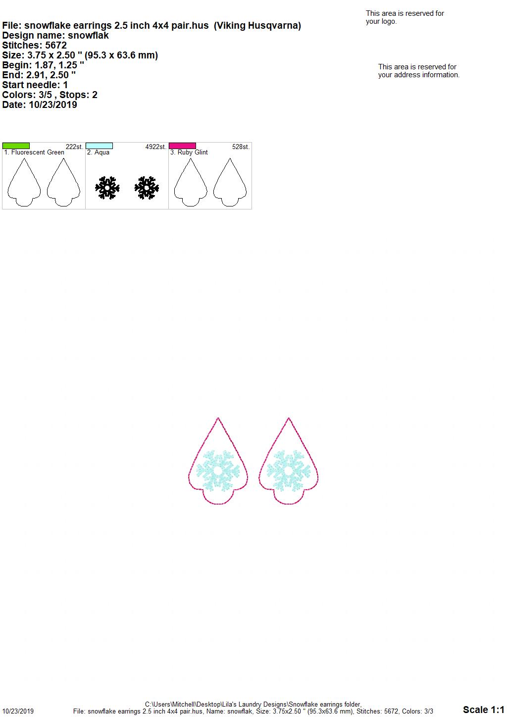 Snowflake Earrings - 3 sizes - Digital Embroidery Design