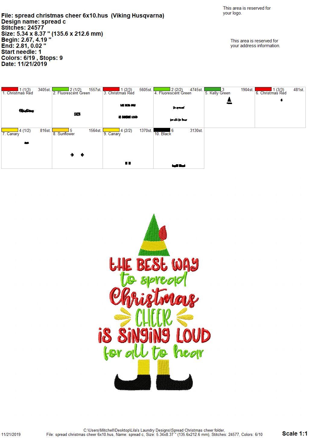 Spread Christmas Cheer 5x7 & 6x10 - Digital Embroidery Design