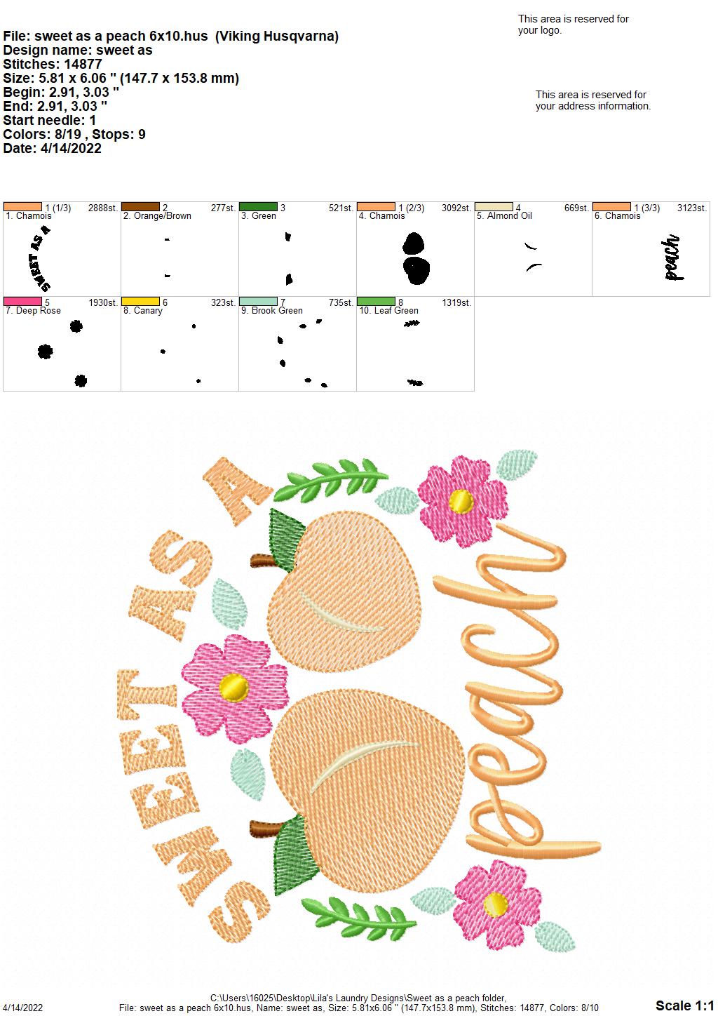 Sweet as a Peach - 3 sizes- Digital Embroidery Design