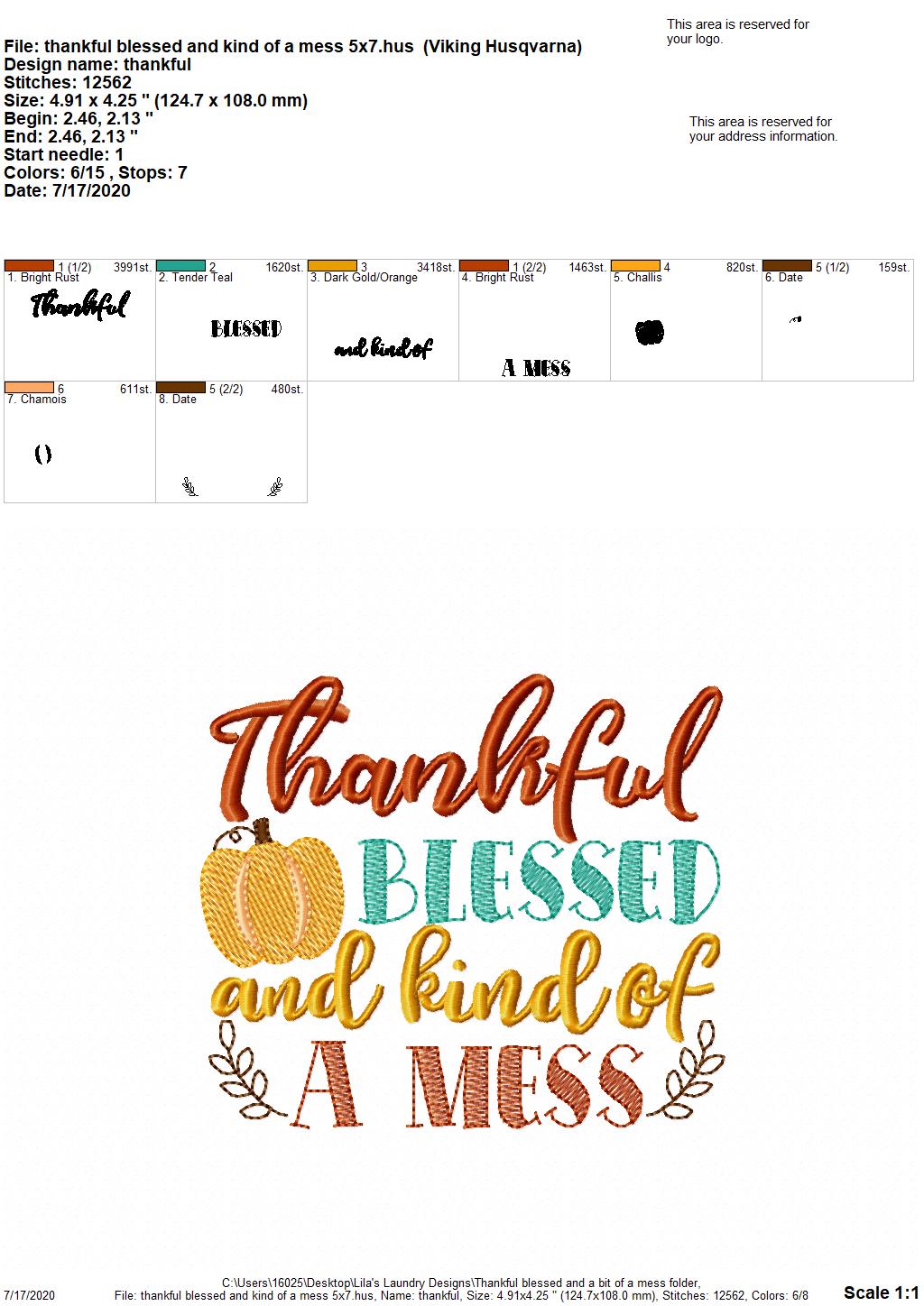 Thankful Blessed and Kind of a Mess - 3 Sizes - Digital Embroidery Design