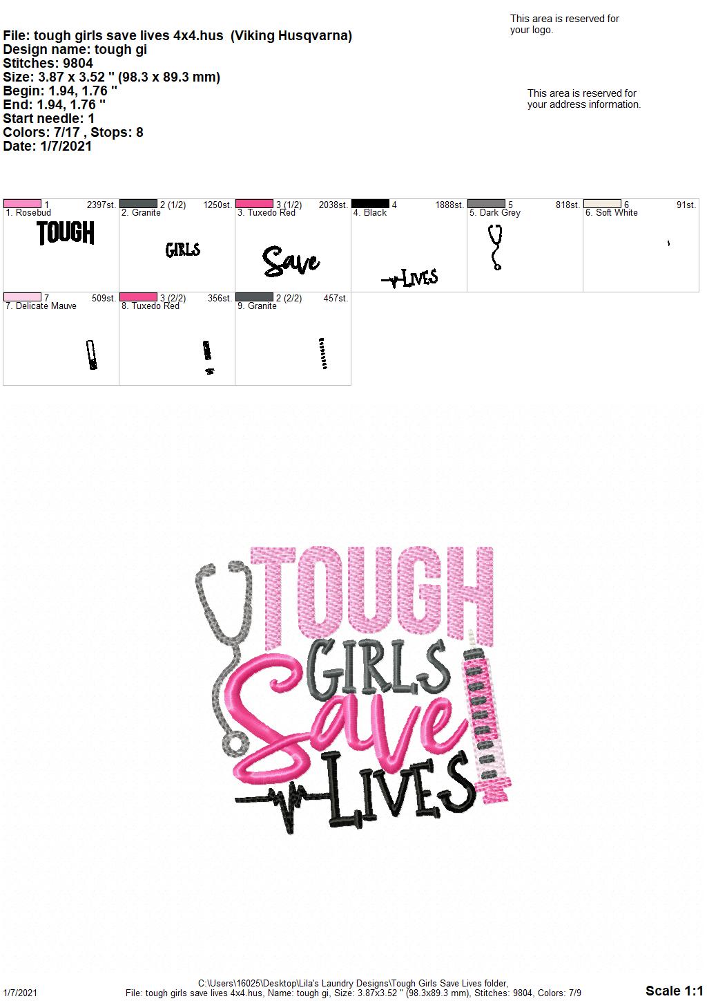 Tough Girls Save Lives - 4 sizes- Digital Embroidery Design