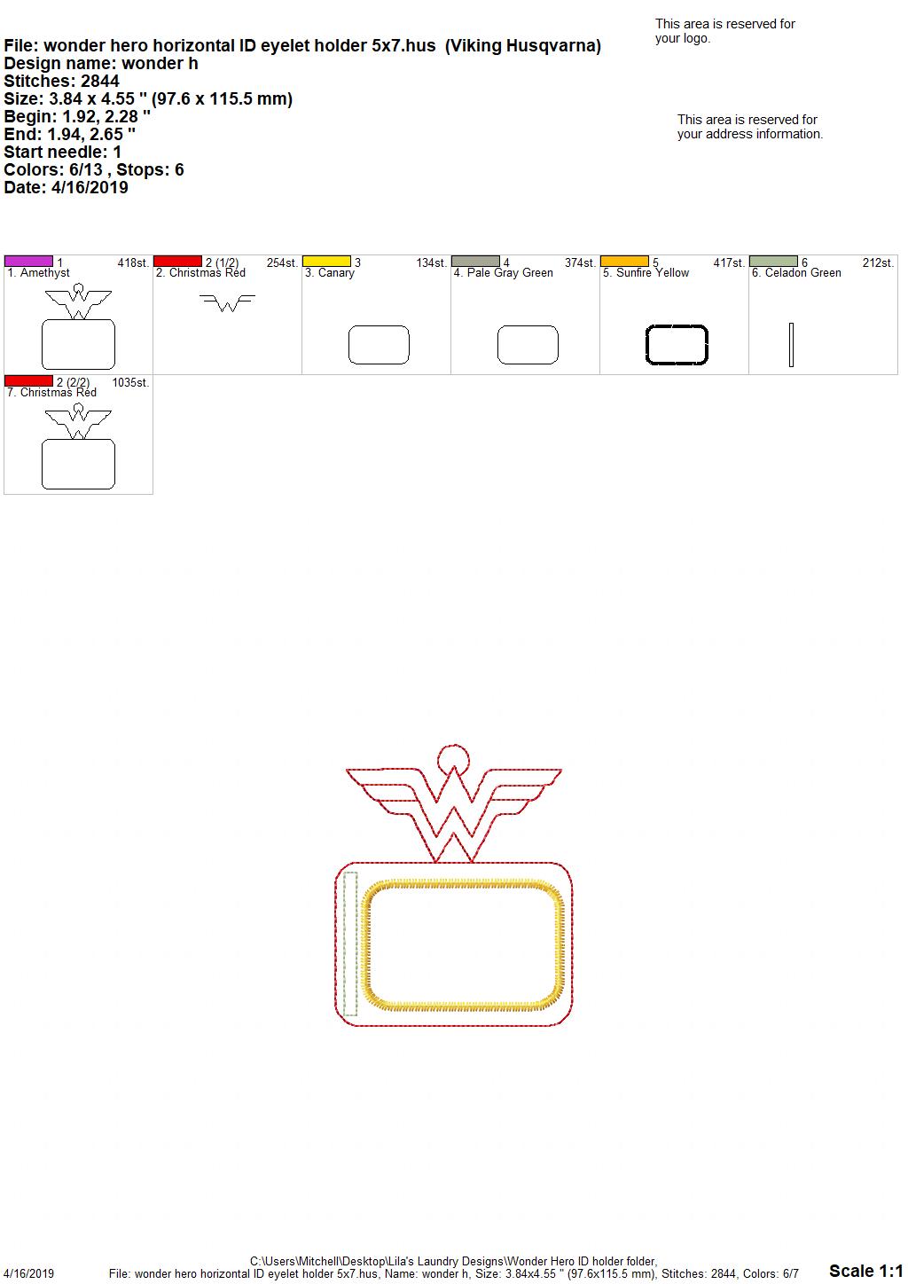 Wonder Hero horizontal ID holder - DIGITAL Embroidery design